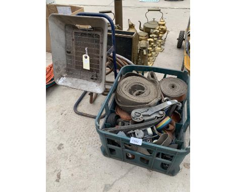 A BOX CONTAINING VARIOUS RATCHET STRAPS AND VINTAGE GAS HEAT LAMP 