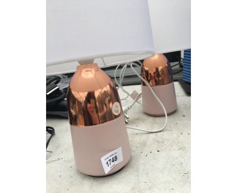 A PAIR OF PINK CERAMIC AND COPPER EFFECT TABLE LAMPS 