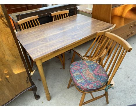 A RETRO DINETTE DINING TABLE, 44x27" TOGETHER WITH FOUR ERCOL STYLE CHAIRS 