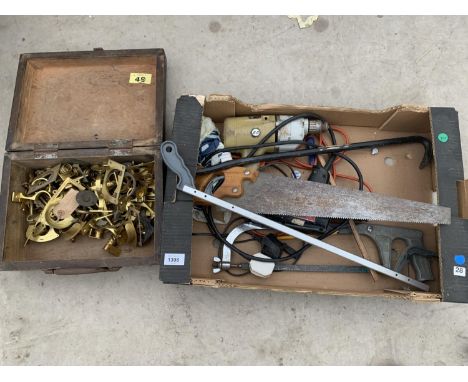 VINTAGE BRASS CURTAIN POLE FIXINGS ALONG WITH VARIOUS HAND TOOLS 