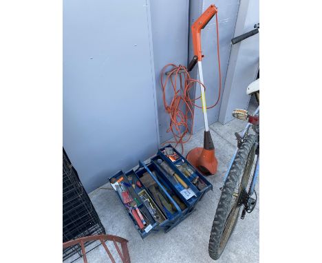 A TOOL BOX AND TOOLS AND A STRIMMER 