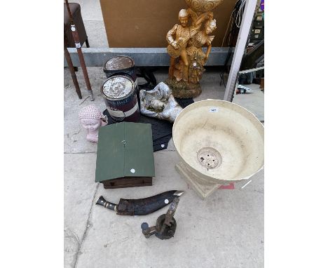 BLOW LAMP, KURKI KNIFE, BIRD BOX, TWO CANS OF PAINT, GARDEN ORNAMENTS ETC. 
