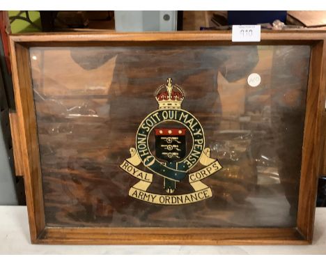 A ROYAL CORPS ARMY ORDNANCE WOOD AND GLASS TRAY 