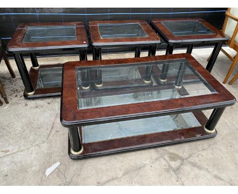 A MODERN BURR WALNUT VENEERED COFFEE TABLE WITH GLASS TOP AND MIRRORED BOTTOM SHELFAND THREE MATCHING LAMP TABLES 