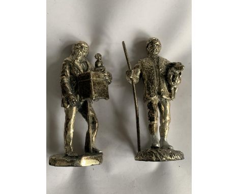 TWO SILVER PLATED FIGURINES DEPICTING A SHEPHERD AND AN ORGAN GRINDER WITH MONKEY 