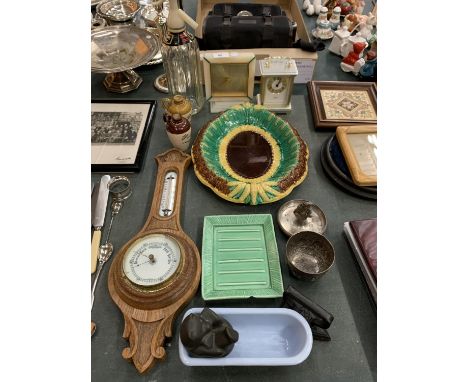 VARIOUS ITEMS TO INCLUDE A HERMLE QUARTZ GERMANY CLOCK, CARINA SWISS 8 DAYS 18 JEWELS MANTLE CLOCK, CERAMICS, MINIATURE STONE