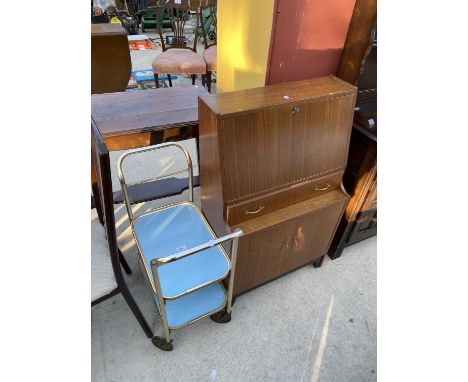 A RETRO METAL DINNER TROLLEY AND VINTAGE TEAK BUREAU, 24" WIDE 