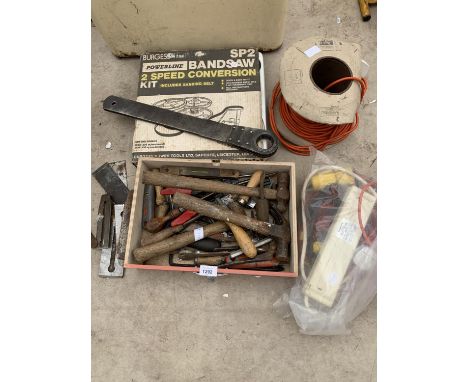 A QUANTITY OF HAND TOOLS TO INCLUDE HAMMERS, SPANNERS, A TWO SPEED BAND SAW CONVERSION KIT ETC. 