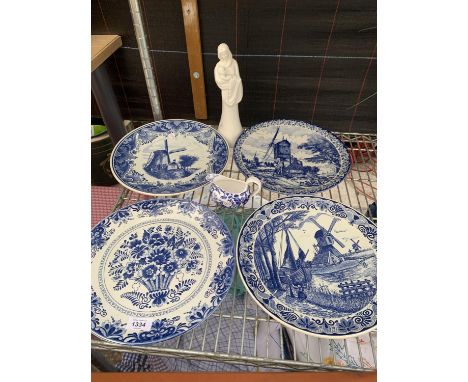 FOUR DELFT PLATES, ROYAL CROWN DERBY CREAM JUG AND ROYAL WORCESTER 'MOMENTS' ORNAMENT 