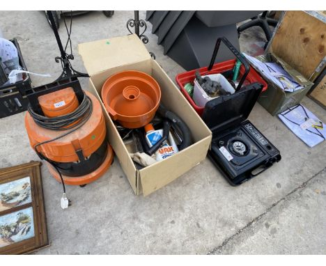 VARIOUS TOOLS AND HARDWARE - VAX CLEANER, CAMPING STOVE, FLUORESCENT BIBS ETC 