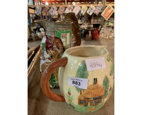 A BURLEIGH WARE DECORATIVE JUG DEPICTING A REPRODUCTION OF 'OLD FEEDING TIME' AND A HAND PAINTED SHORTER AND SON JUG 