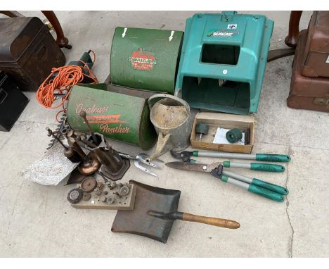 THREE GRASS BOXES AND VARIOUS GARDEN TOOLS 