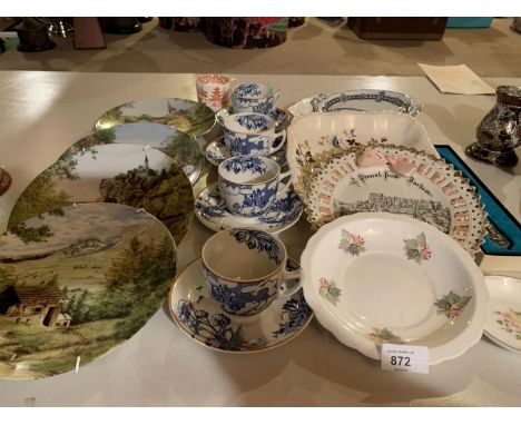 FOUR BURLEIGH WARE CUPS AND SAUCERS, LIMOGES COLLECTABLE PLATES, SEVERAL ASSORTED PLATES AND A CAKE SLICE 