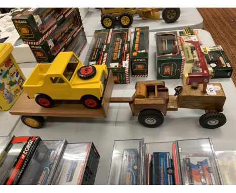 A WOODEN TRACTOR, TRAILER AND LAND ROVER 