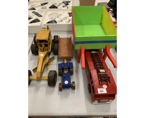 A WOODEN WHEELBARROW, TRACTOR AND TRAILER, TONKA GRADER AND FIRE ENGINE 