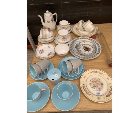 POOLE POTTERY CUPS AND SAUCERS, MIXED BONE CHINA CUPS AND SAUCERS, VINTAGE PYREX GLASS ROLLING PIN ETC. 