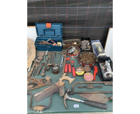 A LARGE QUANTITY OF TOOLS INCLUDING A PLANE, OIL CAN, SCREWS, NAILS ETC. 