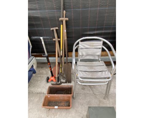 VARIOUS GARDEN TOOLS, TWO TERRACOTTA PLANTERS, A SCOOTER AND TWO ALLOY GARDEN CHAIRS 