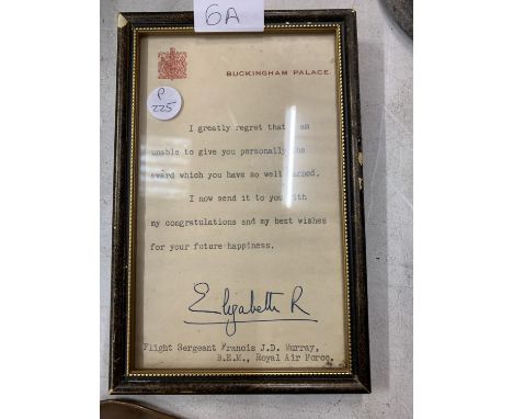 AN AWARD LETTER FROM ELIZABETH R TO FLIGHT SERGEANT FRANCIS J D MURRAY RAF 