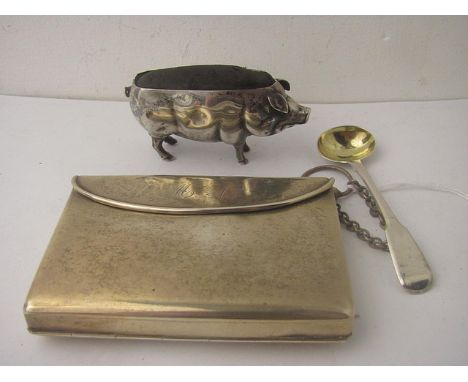 An early 20th century silver ladies evening purse and card case, together with a silver mustard spoon and silver pin cushion 