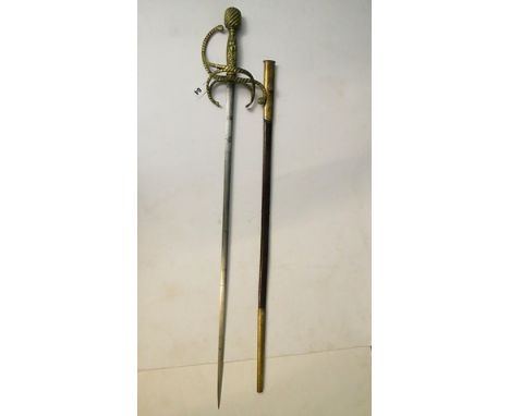 Early 20th century dress sword in leather and brass scabbard, with an ornate gilt brass handle and guard