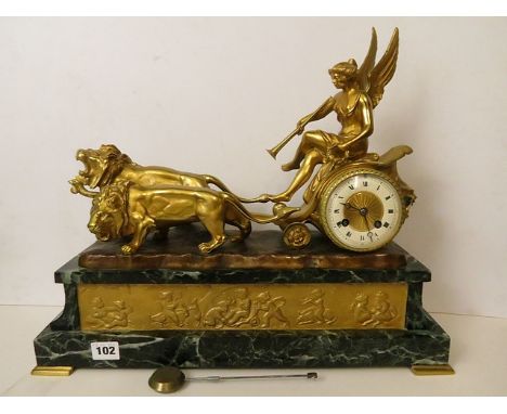 F Pellisier - a 19th century French ormolu and marble mantle clock with enamel dial, the dial within a chariot pulled by two 