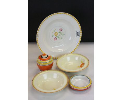 Two Susie Cooper Crown Works bowls, Grays pottery preserve pot an ashtray probably Susie Cooper and an early Grays Pottery wi