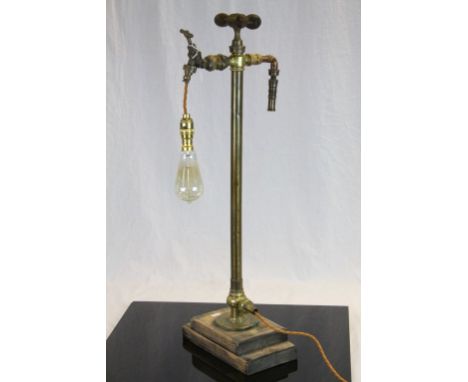 Retro Lamp made from a vintage hand operated Water Pump and standing approx 79cm including the stepped Wooden base
