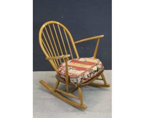 Ercol Pale Elm and Beech Hoop Back Rocking Chair, label to underside of seat 