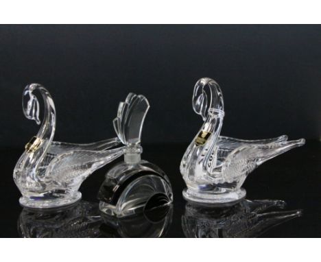 Art Deco design glass scent bottle and a pair of Edinburgh crystal swans 