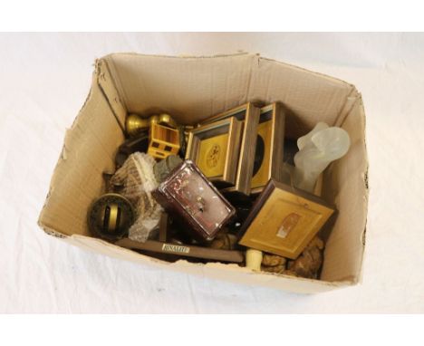 Box of mixed collectables including brass weights, miniature iron portrait medallions etc