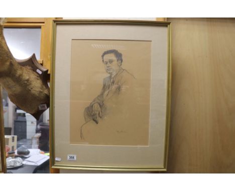 Ellie Fisherman 20th Century pencil and charcoal portrait of Welsh poet Dylan Thomas, signed 