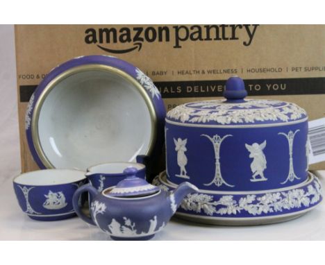 Collection of 19th Century Wedgewood blue &amp; white Jasperware ceramics to include a covered Cheese dish &amp; Biscuit barr