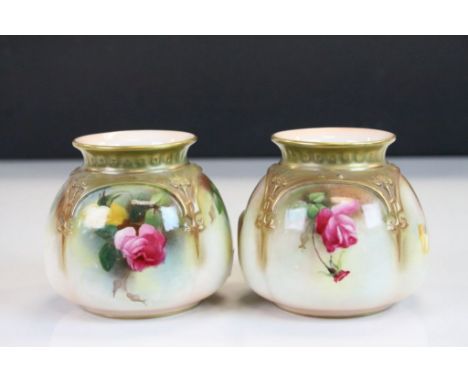 Pair of Royal Worcester Squat ceramic Vases with hand painted Rose decoration &amp; marked to base 172/ H10.54, each vase app