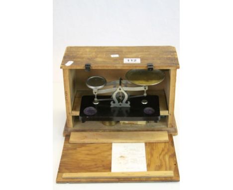 Vintage Wooden cased set of Balance scales to include a variety of Weights