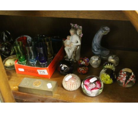 Large quantity of glass paperweights, ceramic fairing, shot glasses etc