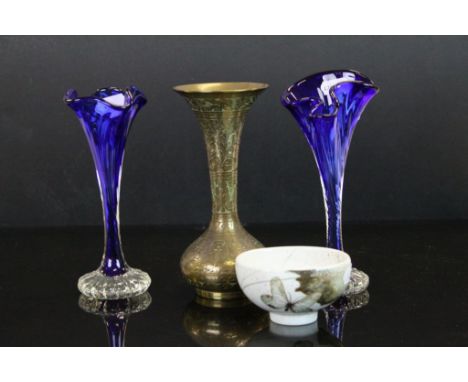 Pair of blue glass vases of naturalistic form, a brass vase and a ceramic bowl with butterfly decoration with Royal Copenhage