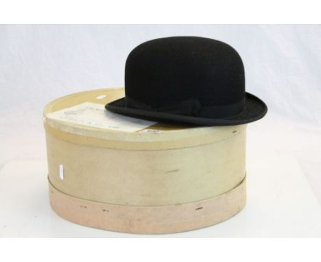 Vintage Ladies Riding Bowler type hat with chin strap by Christy's of London, with original cardboard Hat box