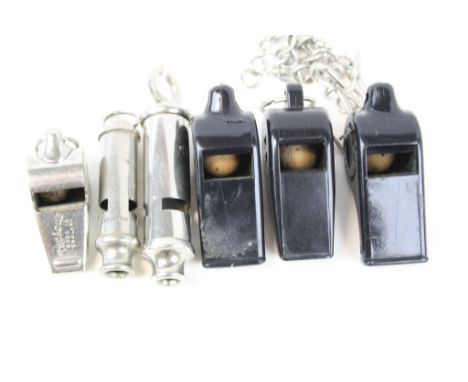 Collection of Six Vintage Whistles including British Rail, 2 x U.S.A. Field Champion, The Metropolitan and The Acme