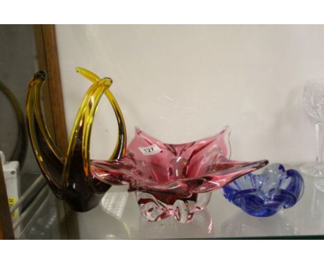 Three vintage Murano Glass items  to include a Flower shaped bowl with Pink colour approx 31cm diameter