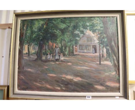 Large 20th century oil painting figures in a wooded garden setting indistincly signed and dated.