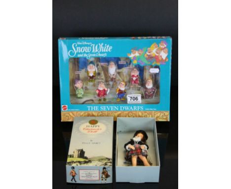 Boxed Peggy Nisbet Happy Character doll and a boxed Mattel set of The Seven Dwarves 