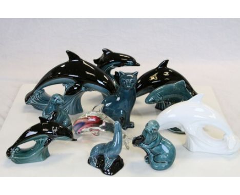 Collection of Poole Pottery Animals, mainly Dolphins &amp; Otters plus an Art Glass Dolphin etc