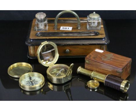 Cased contemporary Stanley of London pocket compass, a similar boxed telescope, brass compass, together with an antique stand