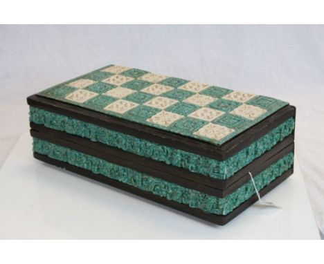 Large Turquoise &amp; Marble effect Chess board &amp; Figures, with South American design, board approx 47 x 23.5 x 16cm in t