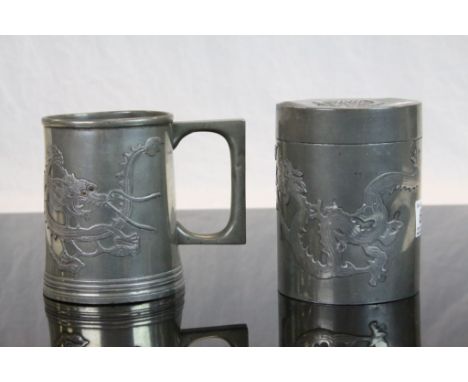 Vintage Oriental Pewter Tankard with glass base &amp; Tea Caddy, both with Dragon decoration, the caddy marked "Hsin Hocheng 
