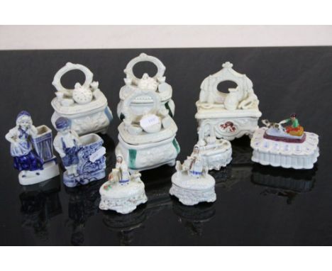 Small collection of Victorian ceramic Fairings, mainly in the form of Boxes but also including a pair of Match holders with D