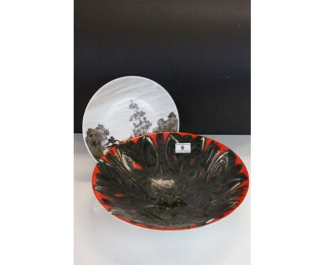 Large Poole Delphis Fruit bowl approx 34.5cm diameter, with restoration plus a hand painted &amp; signed plate approx 25cm di