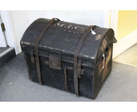 Victorian Canvas and Leather Bound Domed Top Travelling Trunk with Small Leather Suitcase, 77cms long x 62cms high