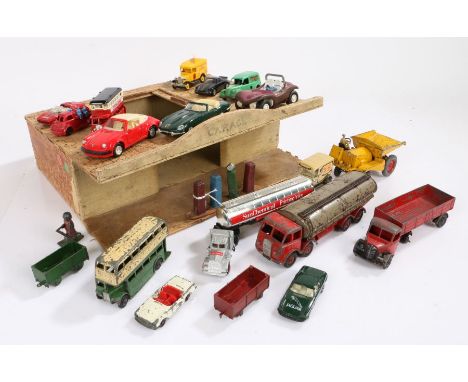 20th Century painted wooden garage, including a collection of model vehicles, consisting of Corgi, Dinky, Lledo and others (q
